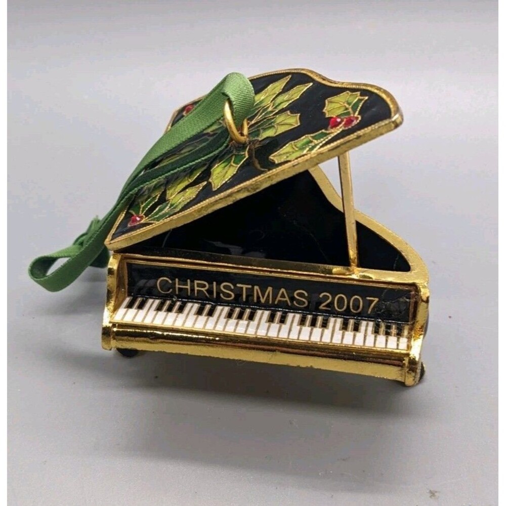 "Christmas 2007" Enameled Cloisonne Metal grand piano ornament Black gold Holly